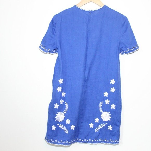 Zara Embroidered Floral Shift Linen Dress Blue White Women's Size Small H12693 - Picture 6 of 11